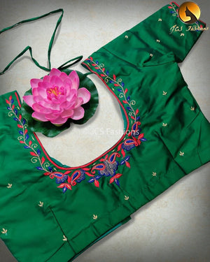 Green Aari Embroidered Butter Silk Blouse