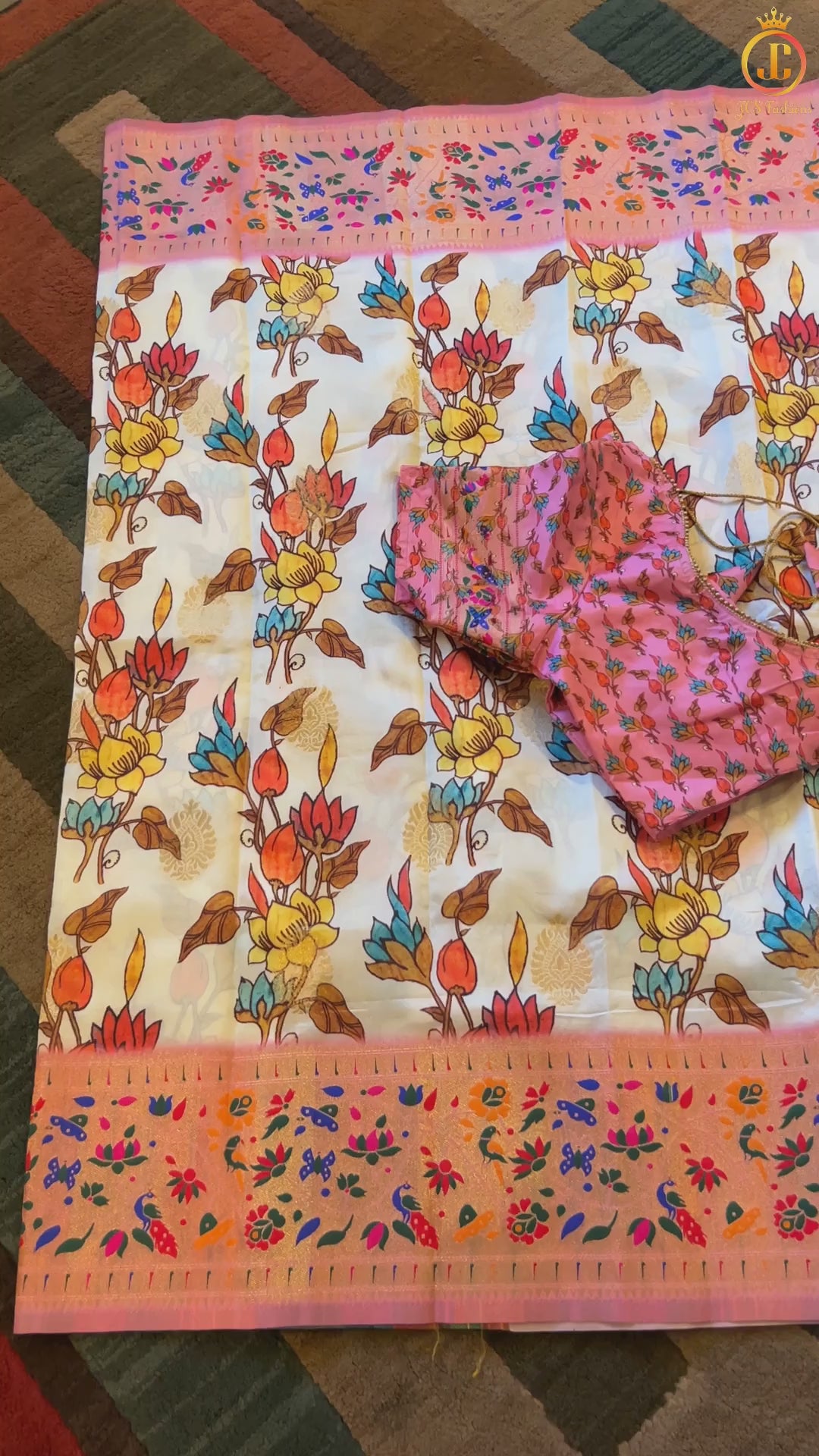 [DAMAGED] Soft Silk Kalamkari Pattu Saree, Paithani border, Ready to wear blouse, SAREE JCS Fashions
