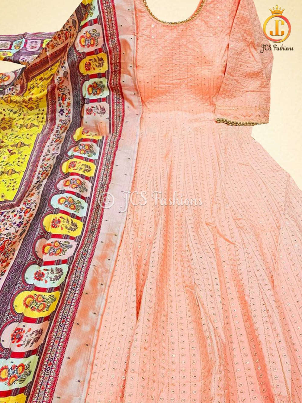 Anarkali Gown With Banarasi Silk Dupatta, Heavy Sequins Work KURTI JCS Fashions Peach Large (40)