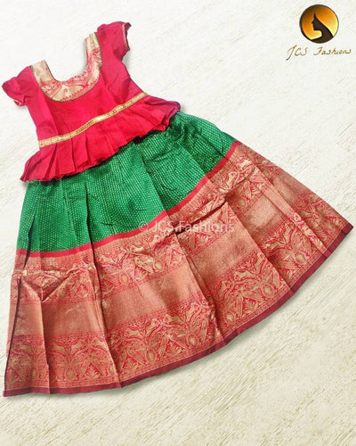 Banarasi Crushed Silk Lehenga for Kids Kids JCS Fashions Green With Red Border 26