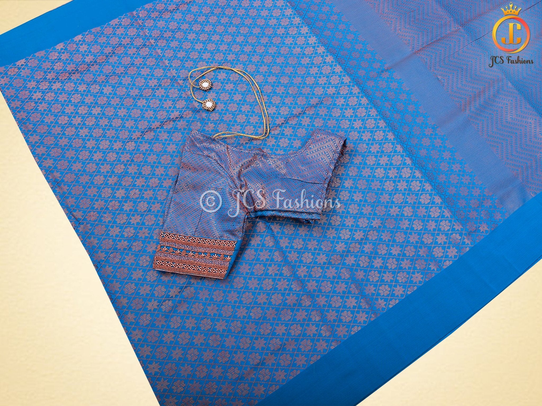 Blue Copper Zari Soft Silk Saree With fully stitched Blouse SAREE JCS Fashions Blue 5.5 meters
