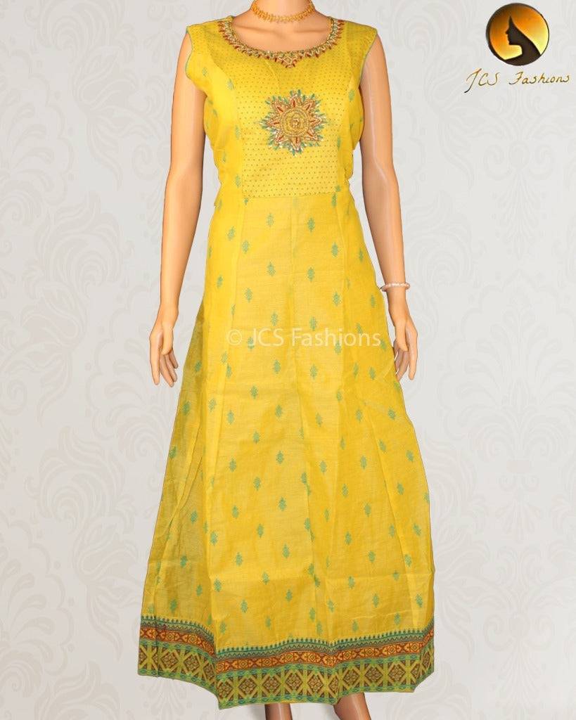 Bollywood Style Chanderi Gown with Yoke Embroidery and Dupatta Set Kurti JCS Fashions