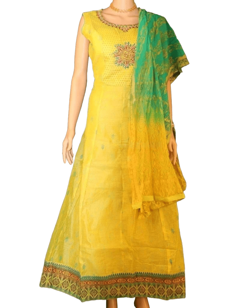 Bollywood Style Chanderi Gown with Yoke Embroidery and Dupatta Set Kurti JCS Fashions Yellow XX-Large (44)