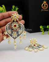 Chic Grey Meenakari Earrings | Alloy Gold Plated, Kundan & Beads Stones Jewelry JCS Fashions Grey 3.9 inch