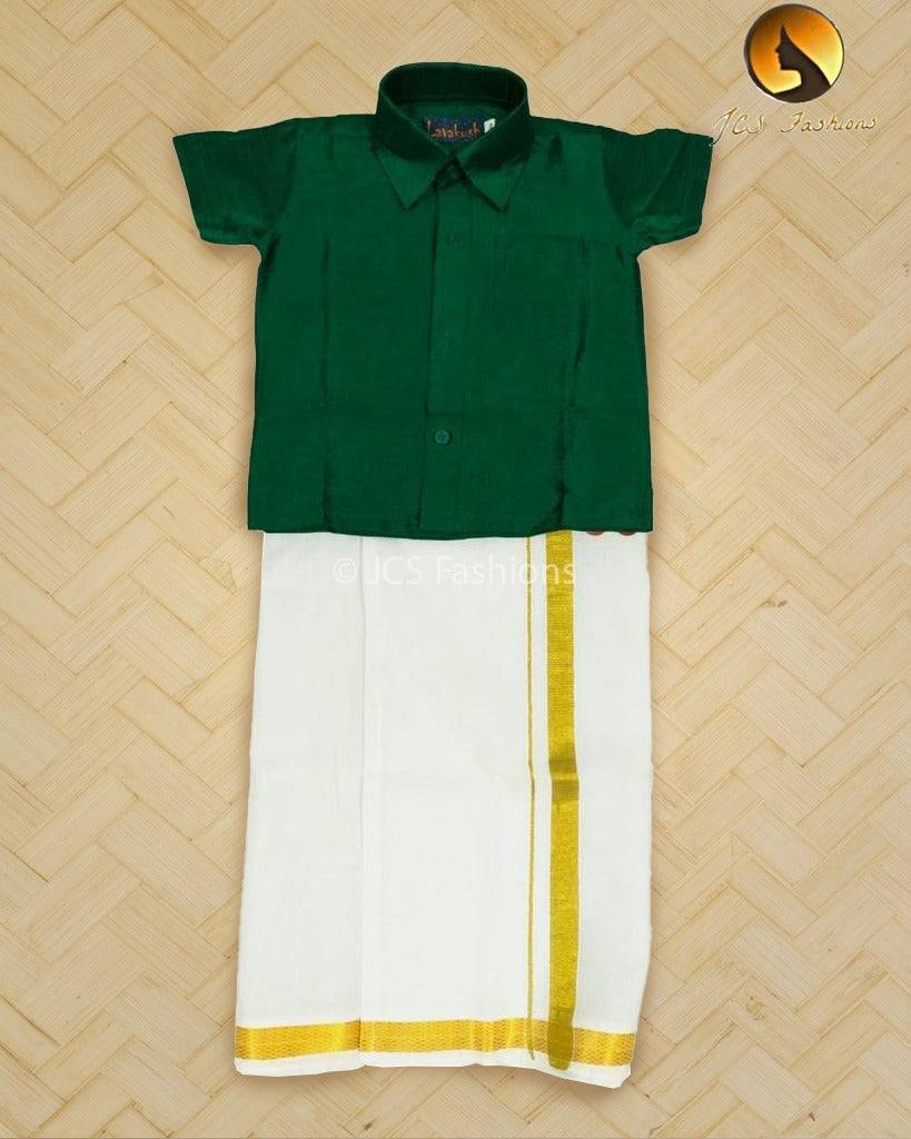 Chutti Boys Pattu Silk Velcro Dhoti and Semi Silk Shirt Set Kids JCS Fashions Green 2-3 Yrs