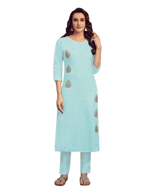 Pastel Blue Cotton Kurti – Hand Embroidery for Jeans & Skirts
