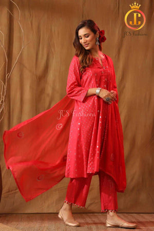 Red Cotton Shimmery Kurta with Stole, and matching