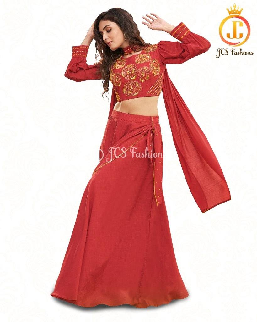 Crop top with skirt. Fancy Lehenga in Red, Fully Stitched Lehenga JCS Fashions