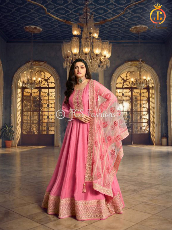Stunning Dola Silk A-line Floor Length Gown in Pretty Pink