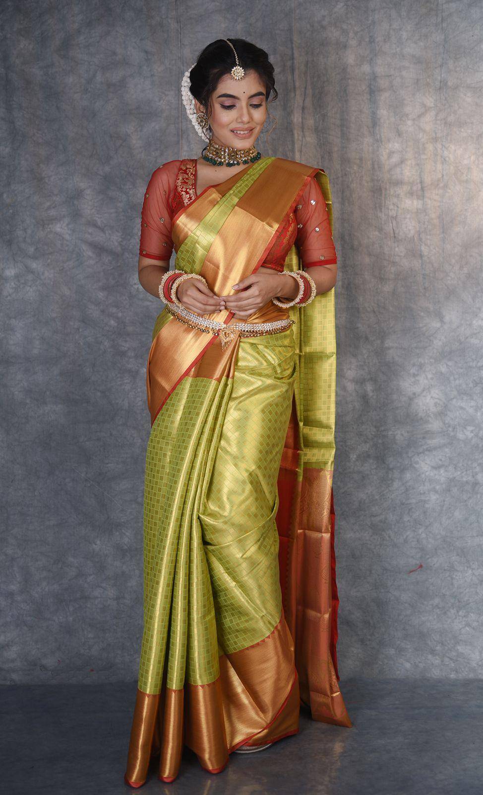 Exquisite Kanchipuram Semi-Bridal saree with Big borders SAREE JCS Fashions Green 5.5 meters