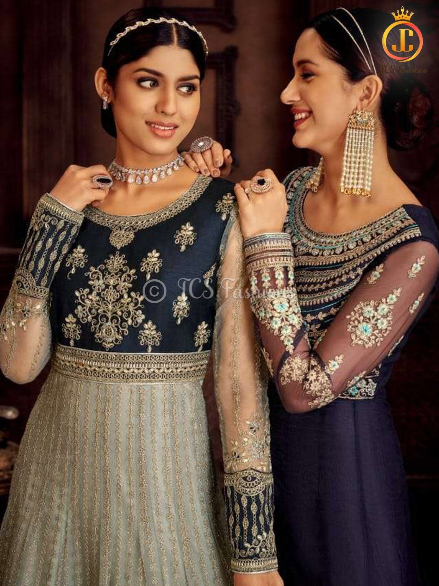 Designer Floor Length Gown in Blue and Grey KURTI JCS Fashions