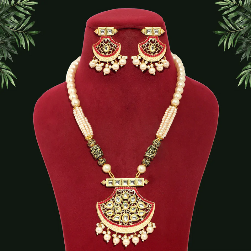Pink & Gold Color Kundan Long Necklace Set with earrings