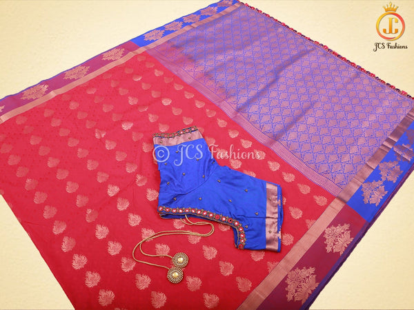Dual-Shade Kanchipuram Blended Embossed Silk Saree With Blouse SAREE JCS Fashions Pink 5.5 meters