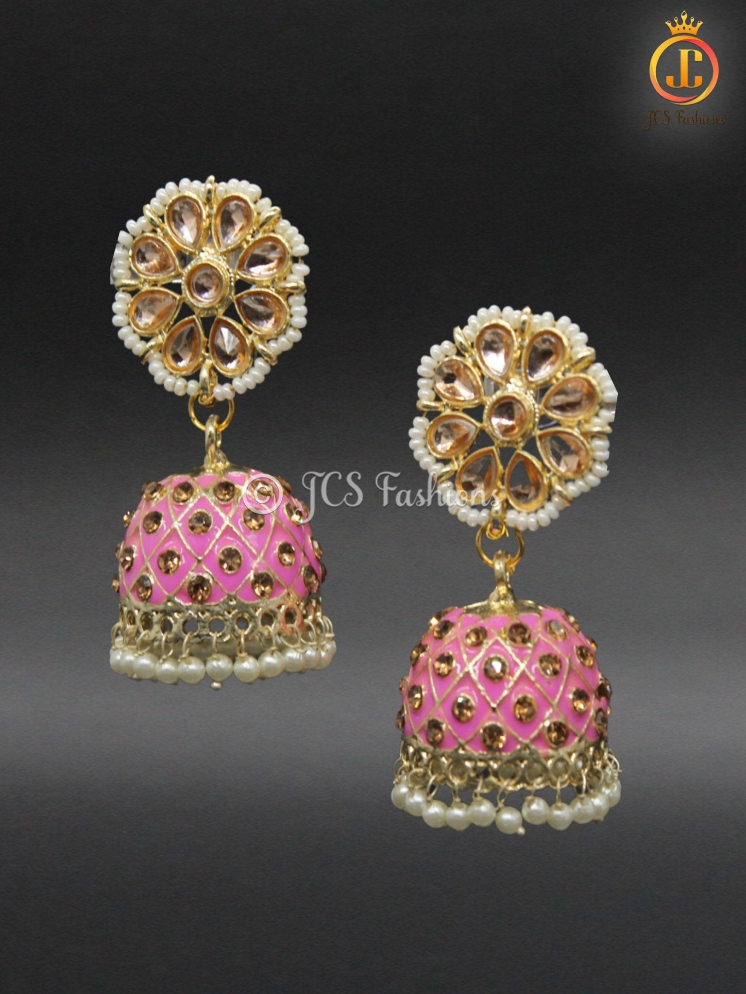 Elegant Kundan Jhumka Earrings With stones and imitation pearls. Jewelry JCS Fashions