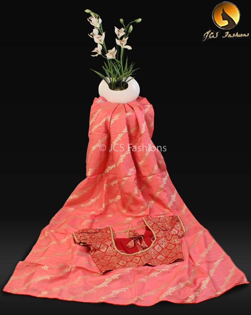 Elegant Salmon-Colored Munga Crepe Saree with Stitched Blouse Saree JCS Fashions Orange 5.5 meters