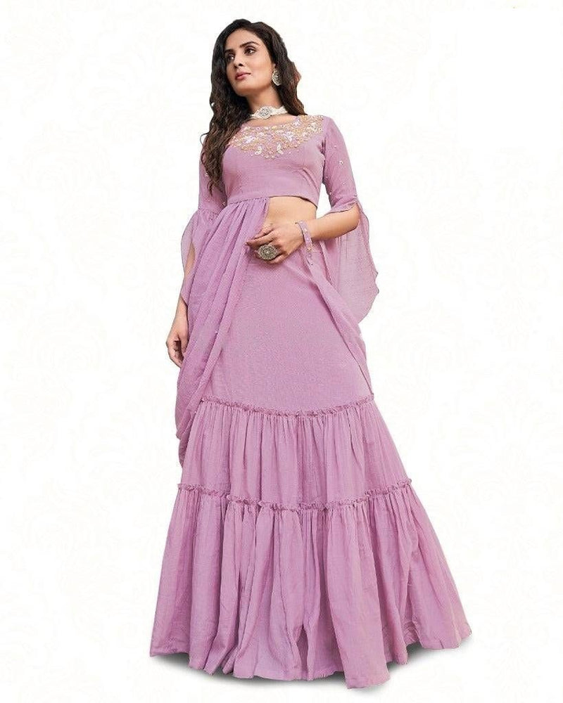 Slubby Silk Crop Top with Lehenga in Onion Pink