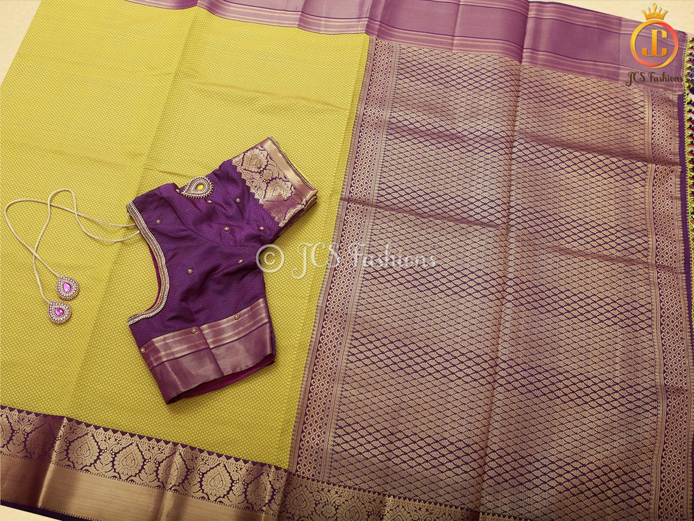Gold Zari Border Korvai Plain Body Semi Silk Saree With Blouse SAREE JCS Fashions Mehandi Green 5.5 meters
