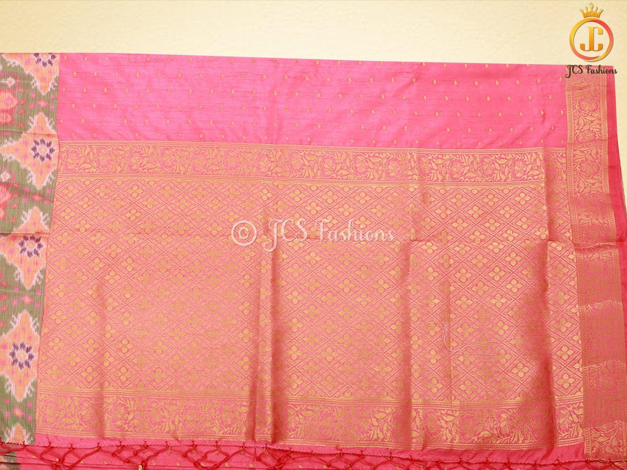 Golden Zari & Pochampally Ikkat Border Semi Silk Saree With Blouse SAREE JCS Fashions