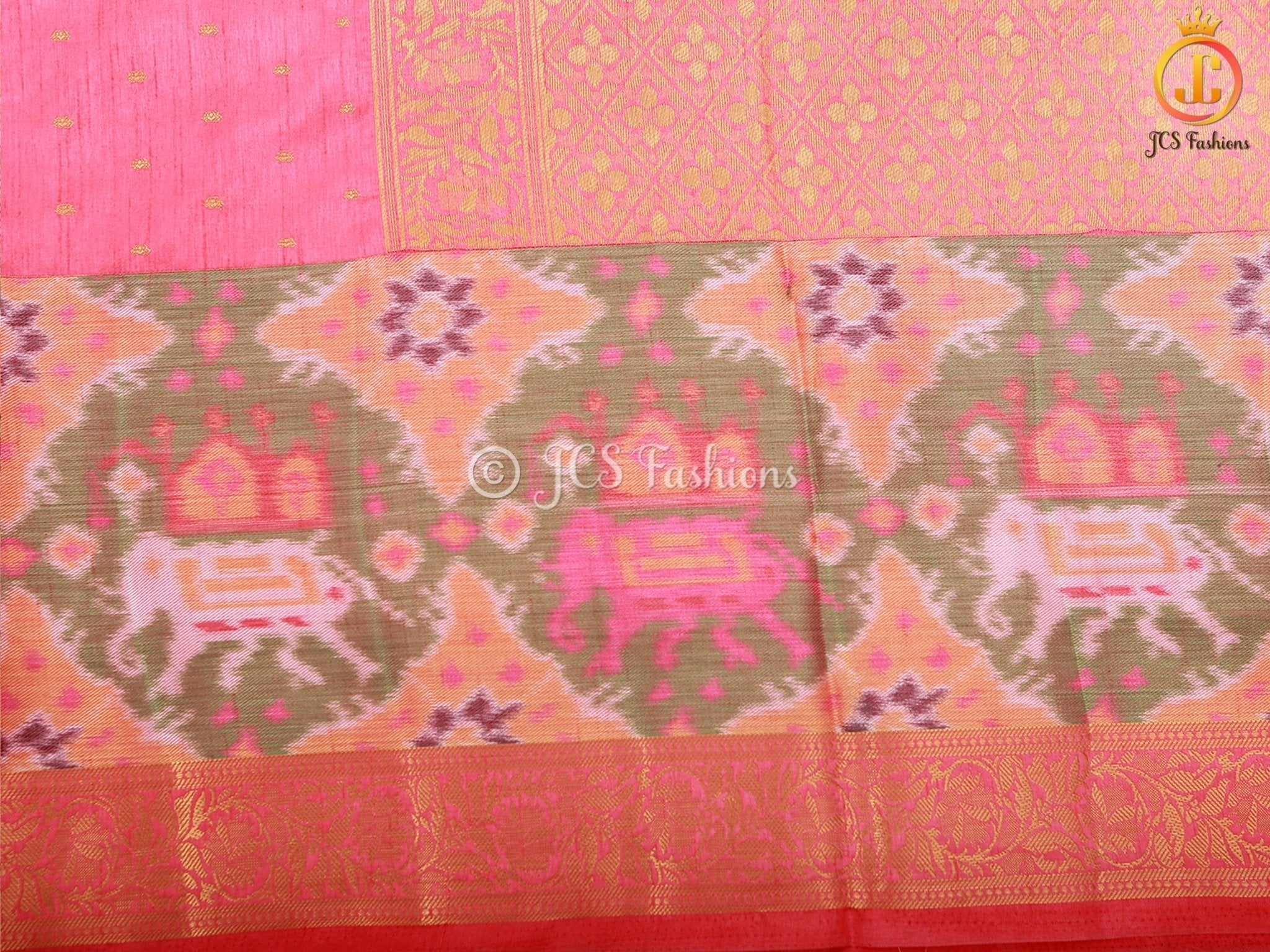Golden Zari & Pochampally Ikkat Border Semi Silk Saree With Blouse SAREE JCS Fashions