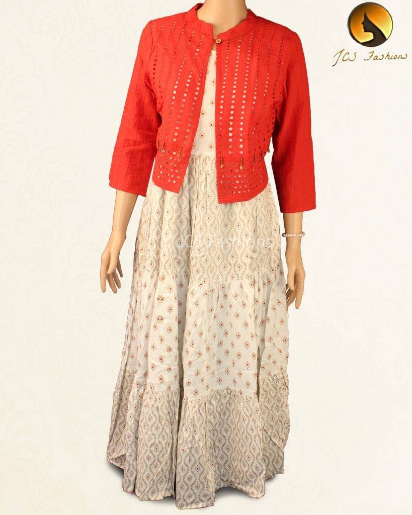 Graceful Block Print Anarkali Gown with Red Hakobha Overlay - JCS Fashions