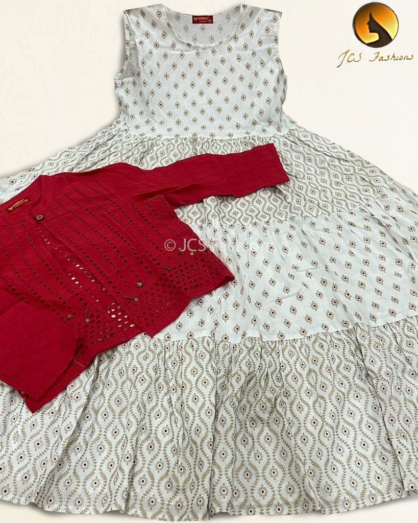 Graceful Block Print Anarkali Gown with Red Hakobha Overlay - JCS Fashions