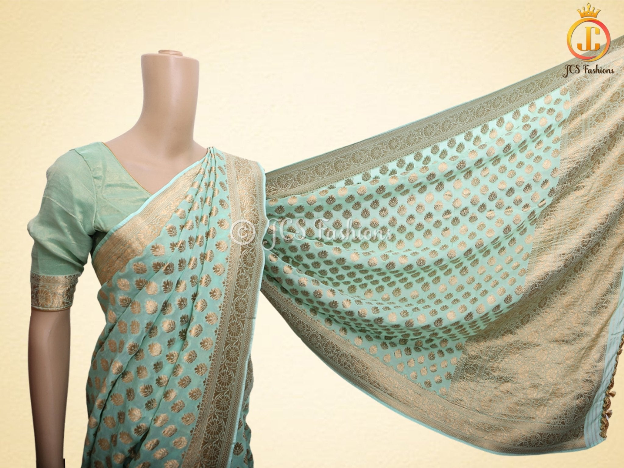 Green Gold Zari Weaving Khaddi Banarasi Georgette Saree With Blouse SAREE JCS Fashions