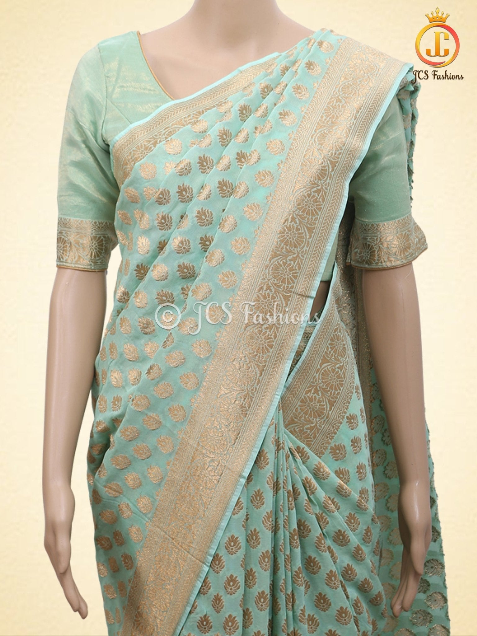 Green Gold Zari Weaving Khaddi Banarasi Georgette Saree With Blouse SAREE JCS Fashions