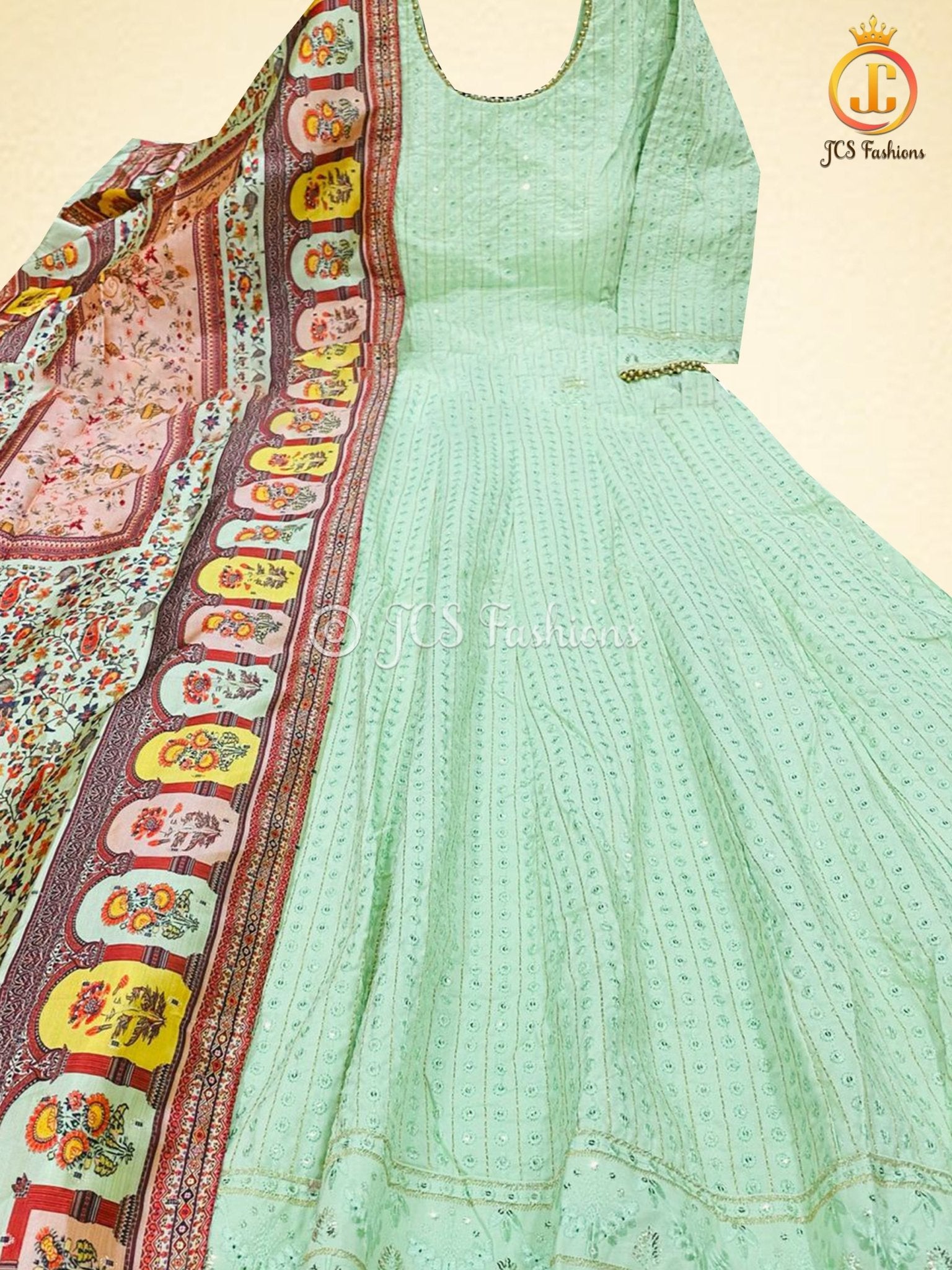 Heavy Sequins Work Anarkali Gown With Digital Print Dupatta - JCS Fashions