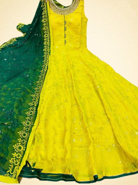 All-Over Embroidery & Sequins Work Long Gown in Greenish Yellow