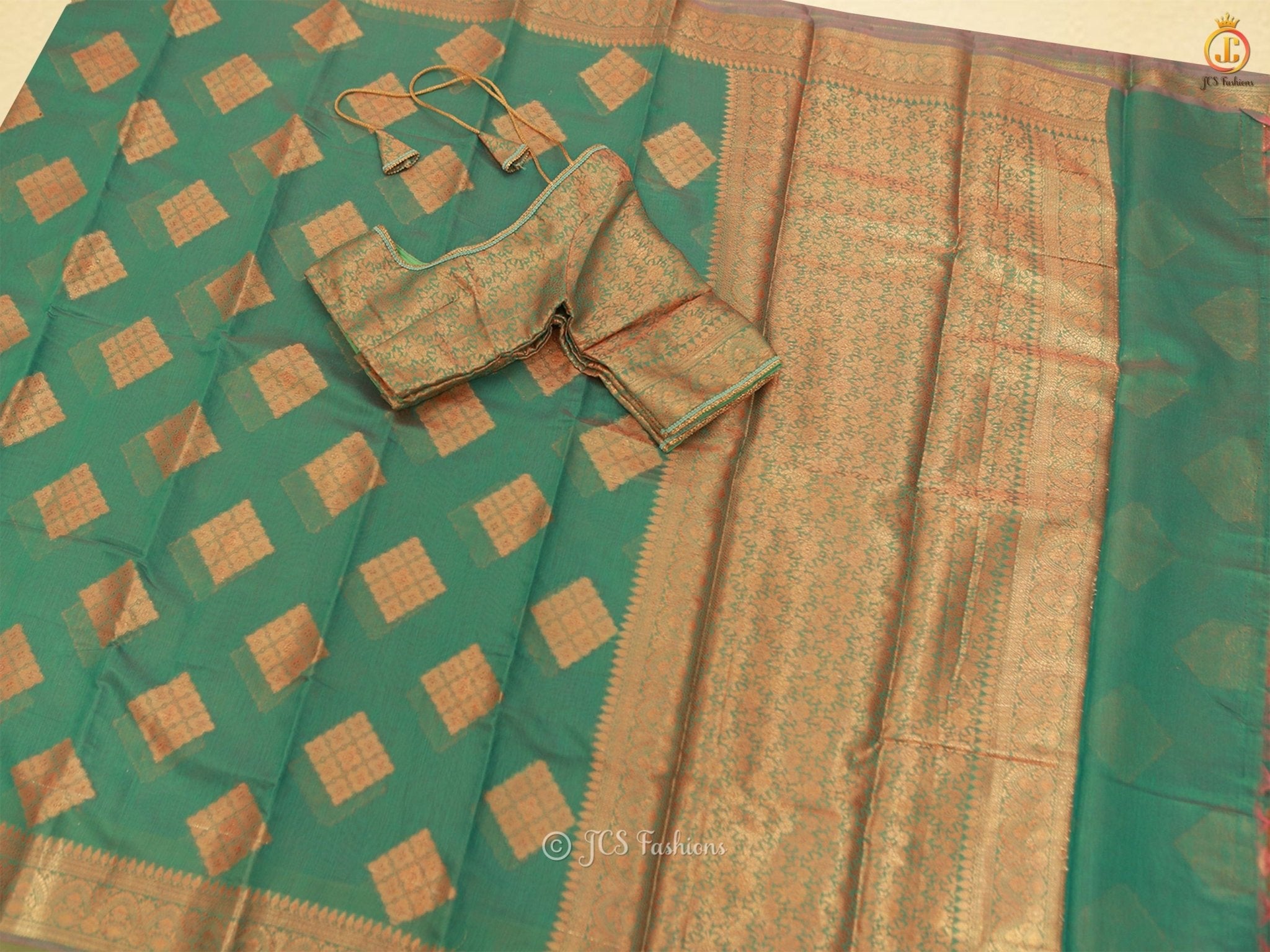 Indian Traditional Soft Silk Cotton Saree With Brocade Blouse SAREE JCS Fashions Green 5.5 meters