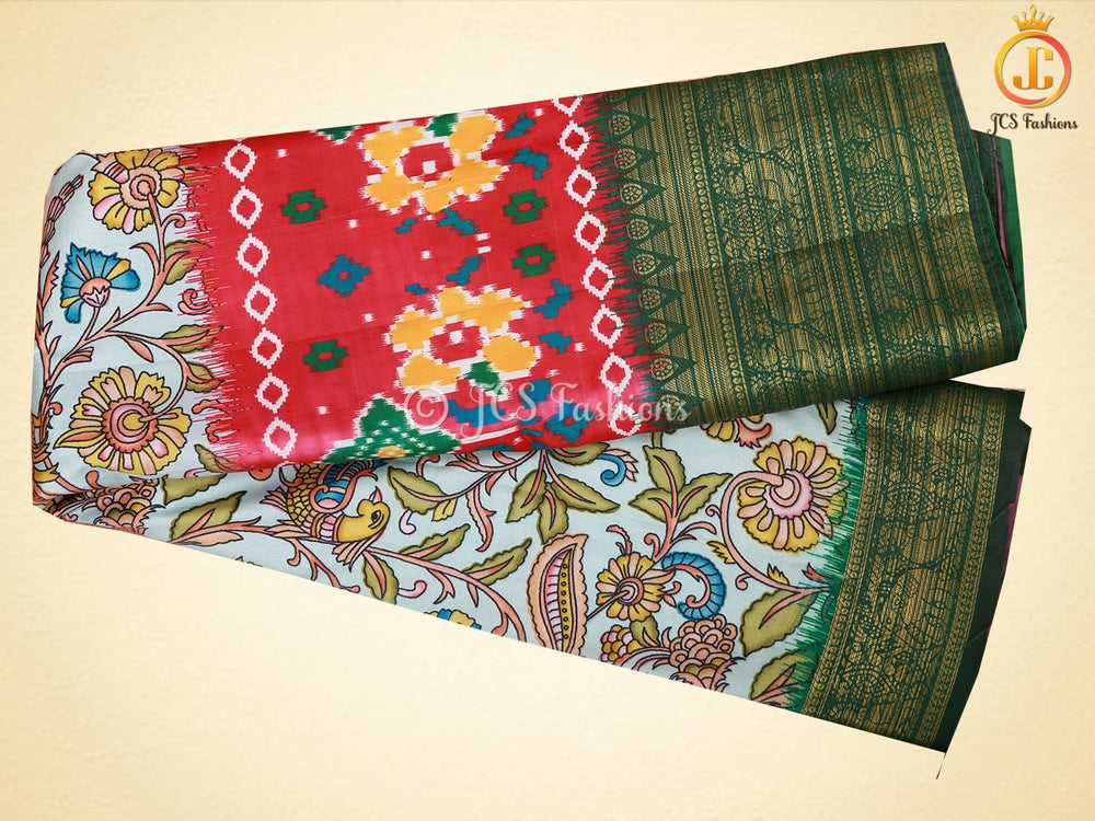 Kalamkari and Patola Print Soft Silk Saree With Kanchi Border SAREE JCS Fashions Cream 5.5 meters