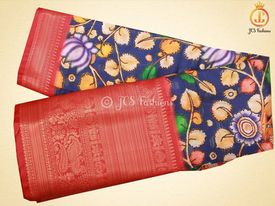 Kalamkari Saree With Kanchipuram Zari Border - Blue SAREE JCS Fashions Blue 5.5 meters