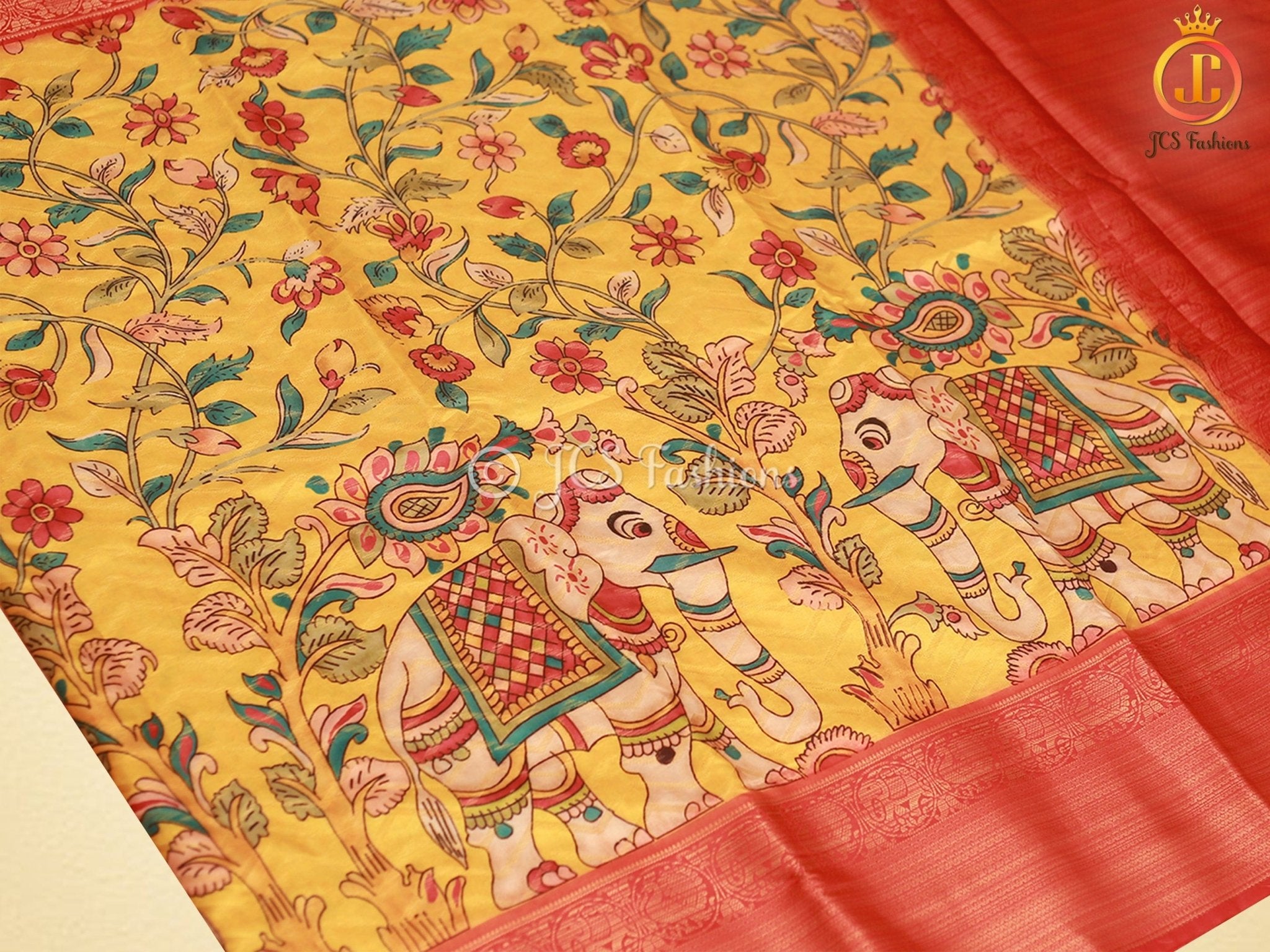 Kanchi Border Kalamkari and Patola Prints Soft Silk Saree - JCS Fashions