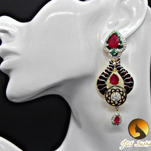 Red Stone Long Earrings - Maroon Enamel Drop