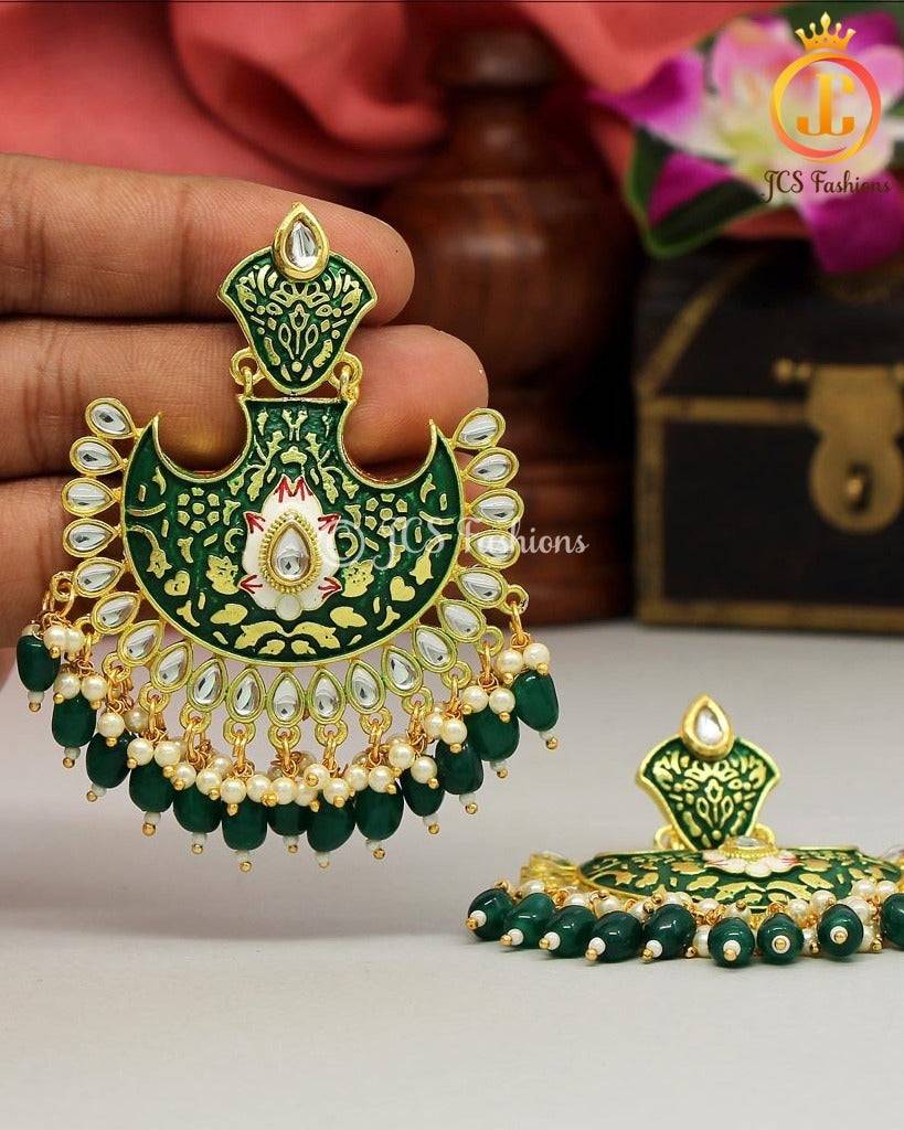 Mint Meena Earrings | Alloy Gold Plated, Green Kundan & Imitation Pearl Jewelry JCS Fashions