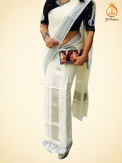 Premium Quality 3 Inch Silver Jari Set Mundu Cotton Saree SAREE JCS Fashions Silver 5.5 meters