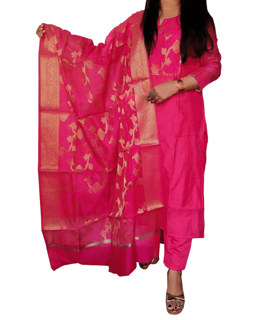 Pure Chanderi Silk Kurta With Banarasi Dupatta And Pant - JCS Fashions
