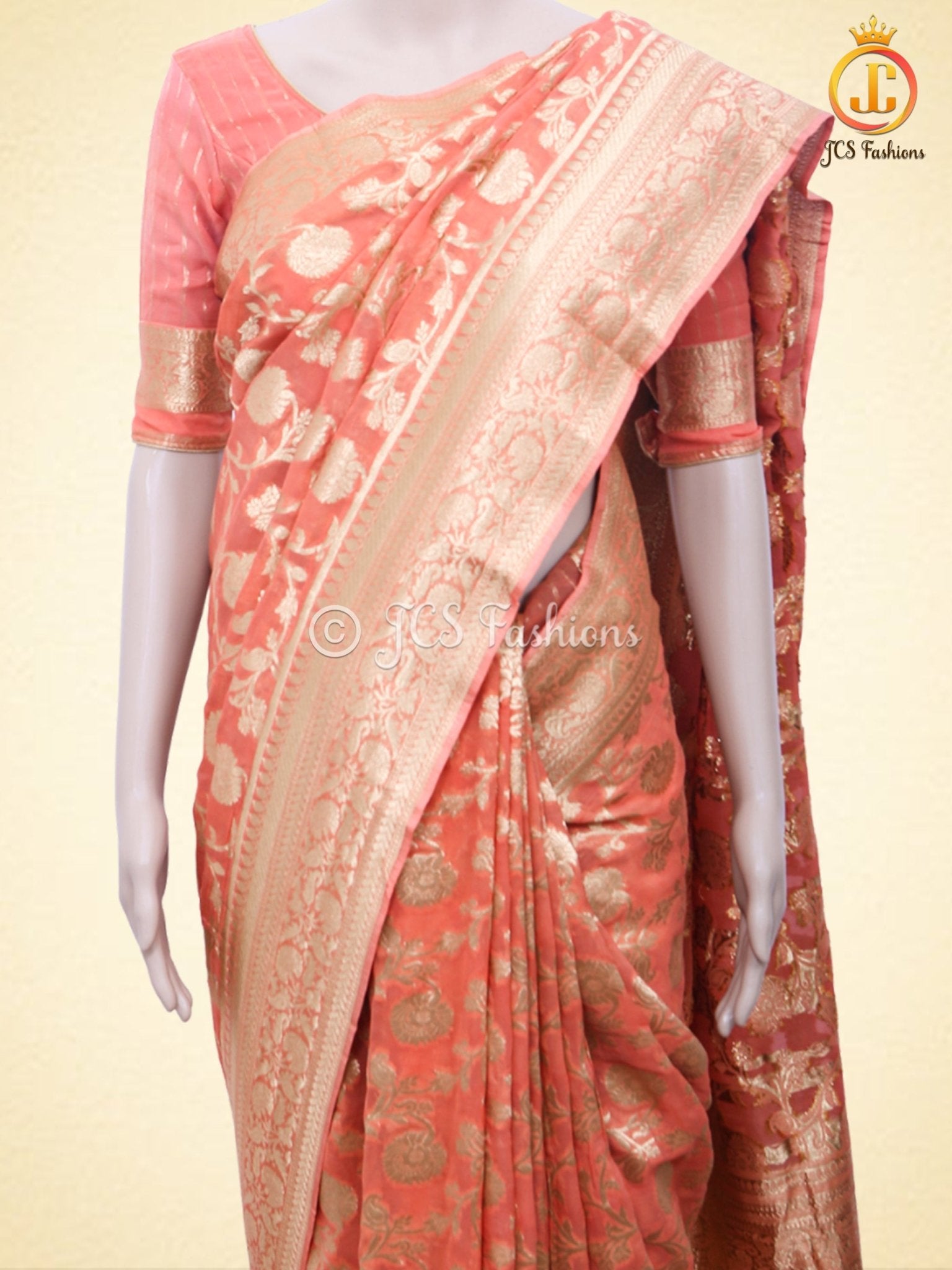 Pure Kaddi Banarasi Georgette Saree With Fully Stitched Blouse - JCS Fashions