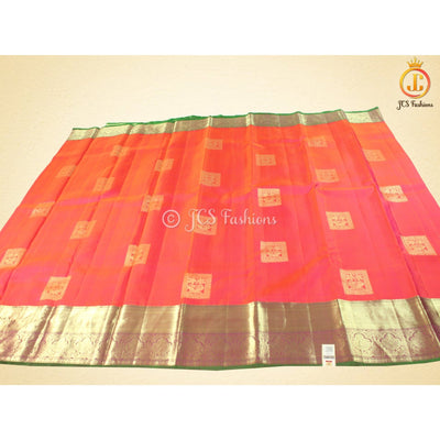 Pure Kanchipuram Handloom Silk Saree With Fully Stitched Blouse SAREE JCS Fashions Tomato Red + Green 5.5 meters