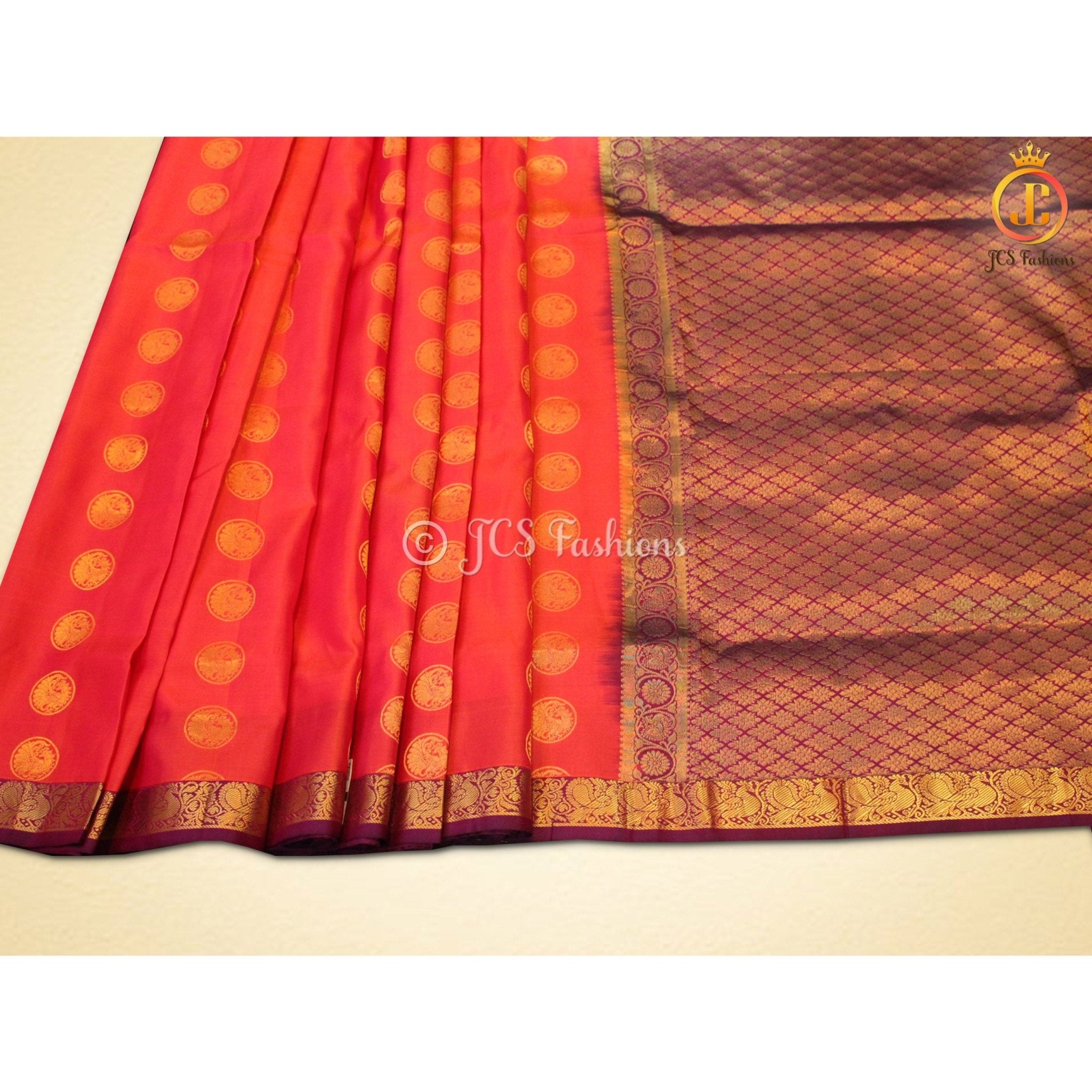 Pure kanchipuram pattu saree, Fully stitched blouse, Ships from USA - JCS Fashions