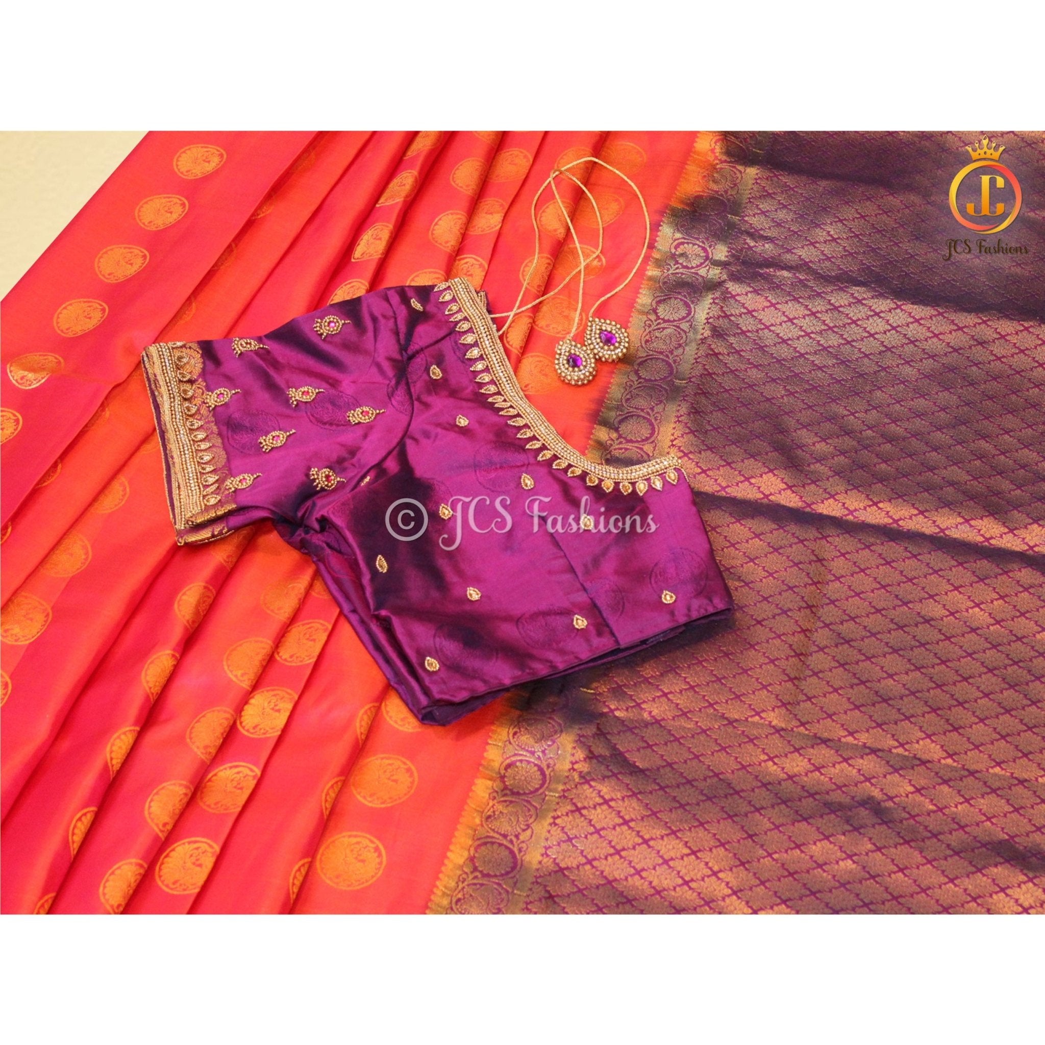Pure kanchipuram pattu saree, Fully stitched blouse, Ships from USA SAREE JCS Fashions