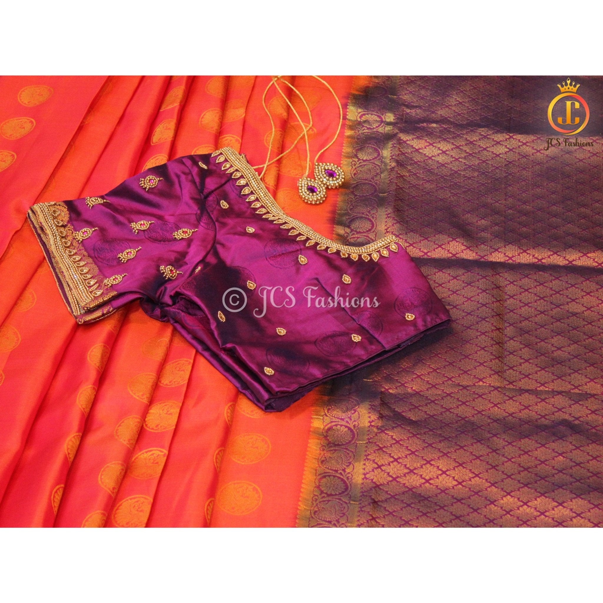 Pure kanchipuram pattu saree, Fully stitched blouse, Ships from USA SAREE JCS Fashions
