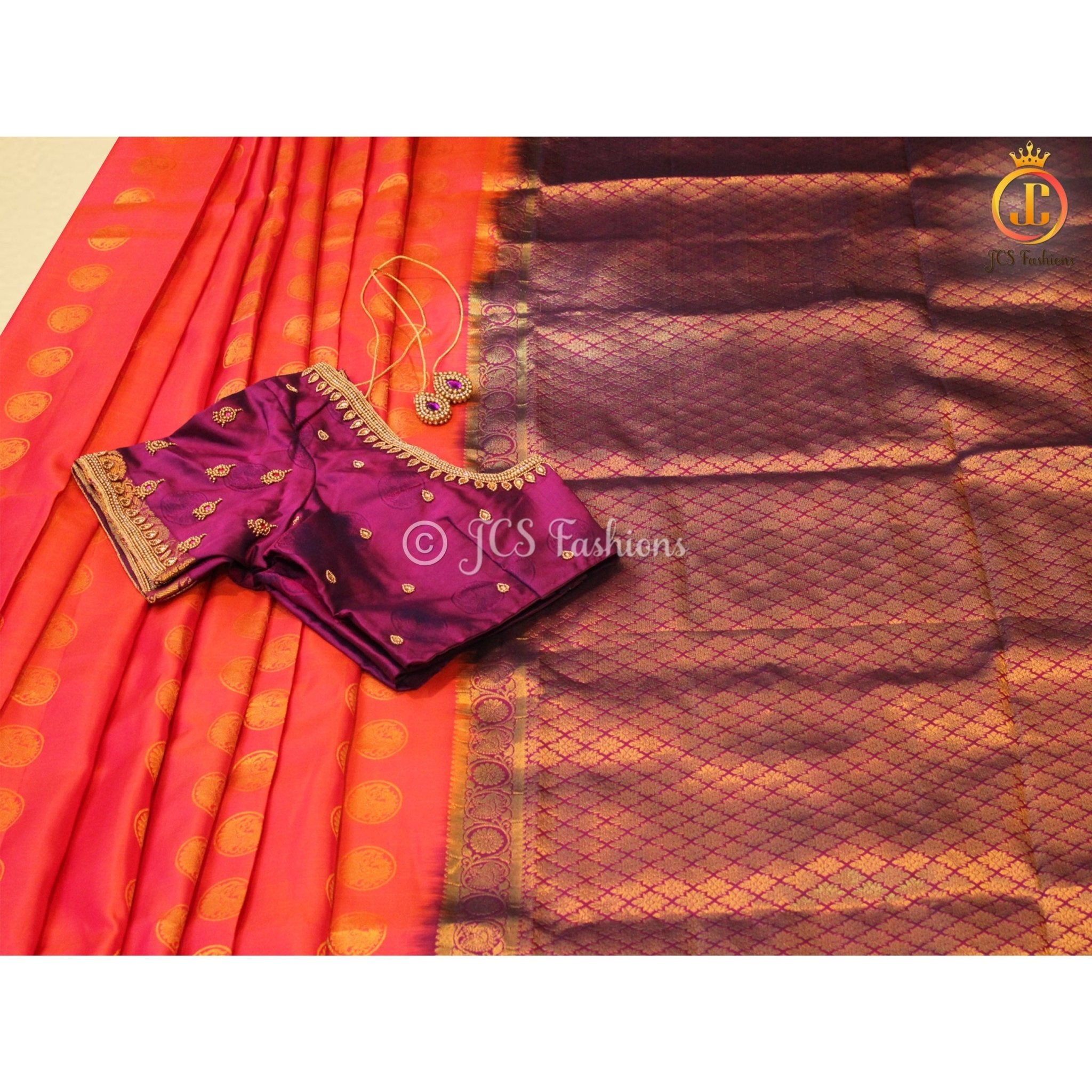 Pure kanchipuram pattu saree, Fully stitched blouse, Ships from USA SAREE JCS Fashions