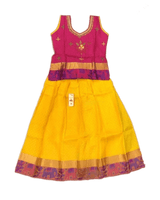 Pure Silk Pattu Paavadai Set | Kids Lehanga Kids JCS Fashions Yellow + Pink 10 Yrs