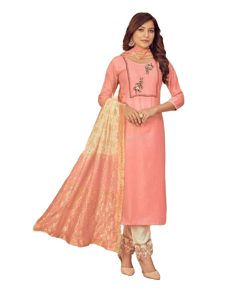 Rayon Slub Embroidery Work Salwar Kurti JCS Fashions Peachy Pink Large (40)
