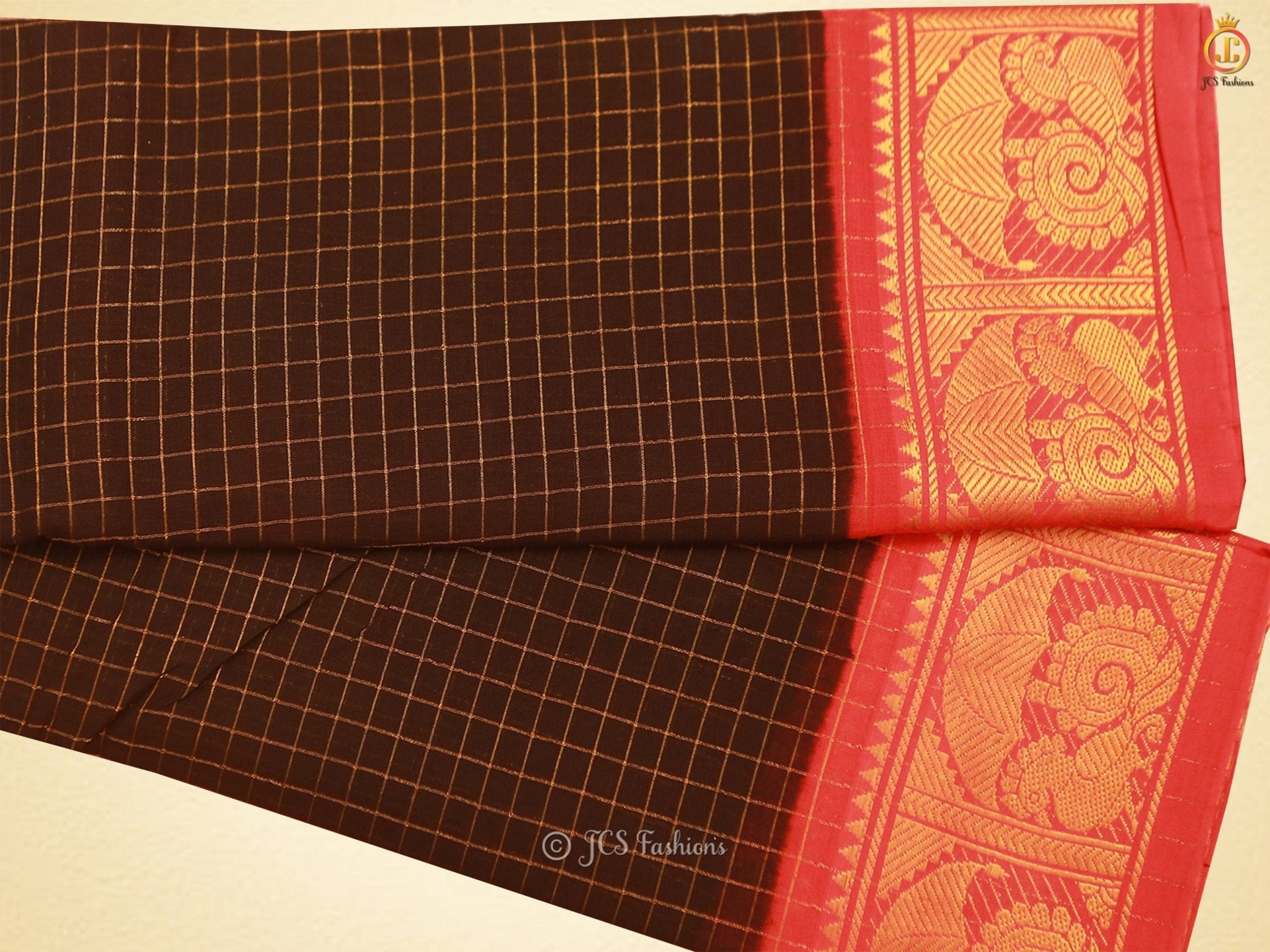 Red Zari Kattam Body Kanchi Rich Cotton Peacock Design Saree SAREE JCS Fashions Brown 5.5 meters