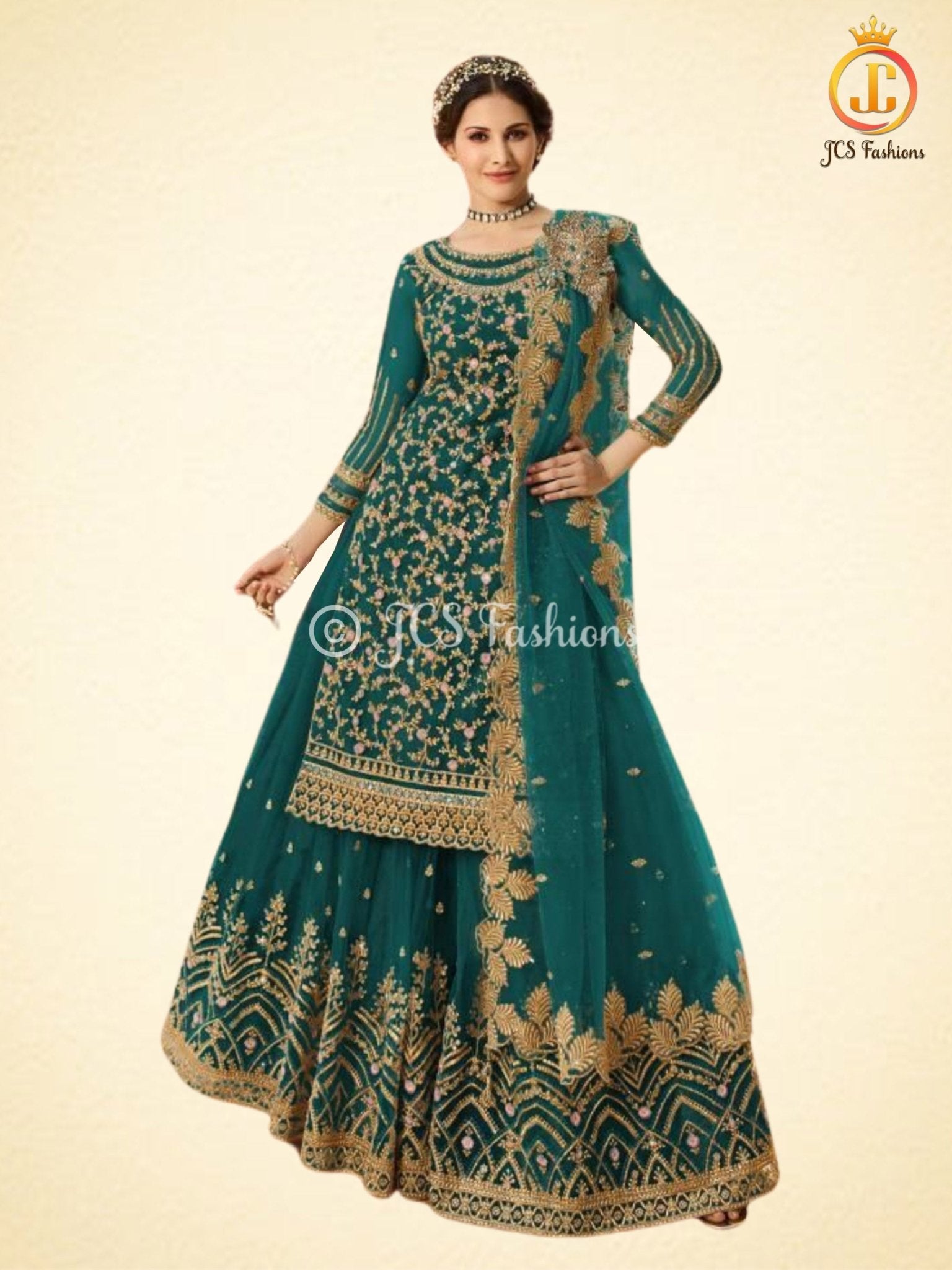 Salwar Kameez With Skirt. Beautiful Designer Party Wear in Green - JCS Fashions