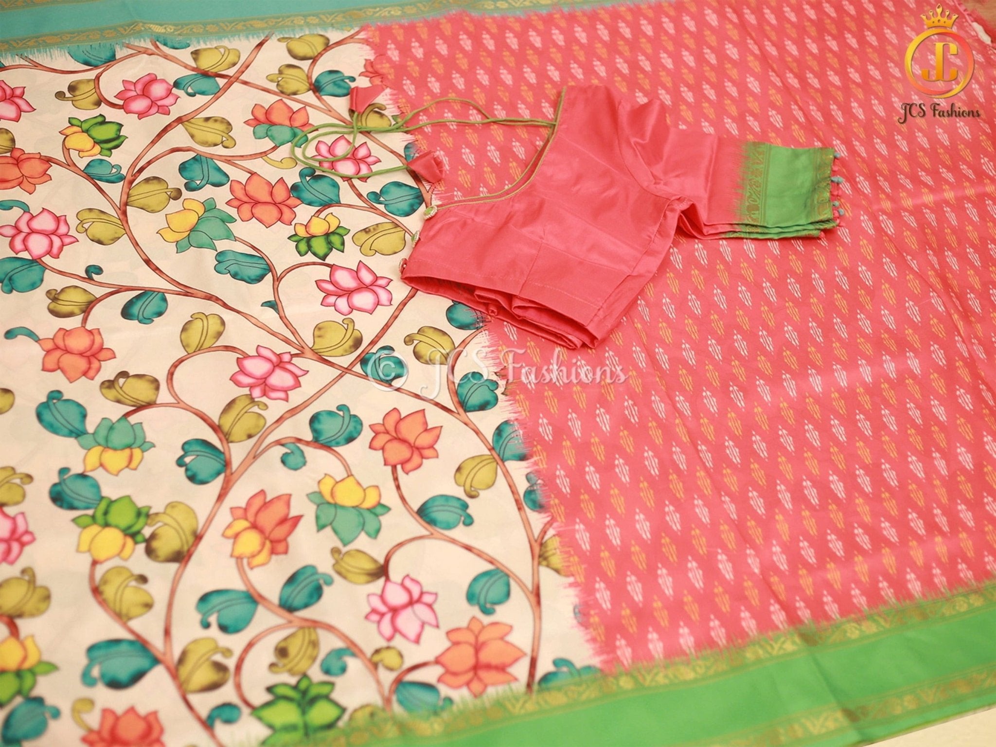 Satin Saree with Pitchwai And Kalamkari Design, Fully stitched blouse - JCS Fashions