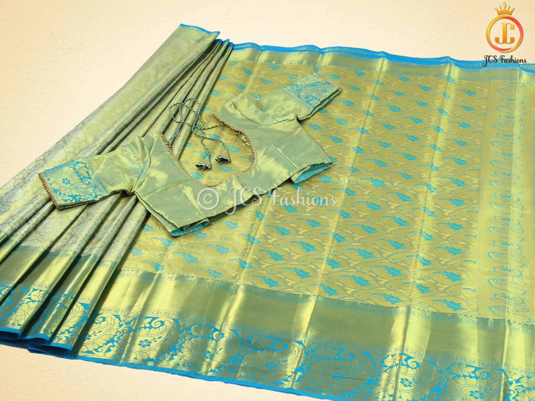Semi silk, Kanchi pattu saree With Blouse. Traditional Indian Saree For Women SAREE JCS Fashions Green + Rama blue 5.5 meters