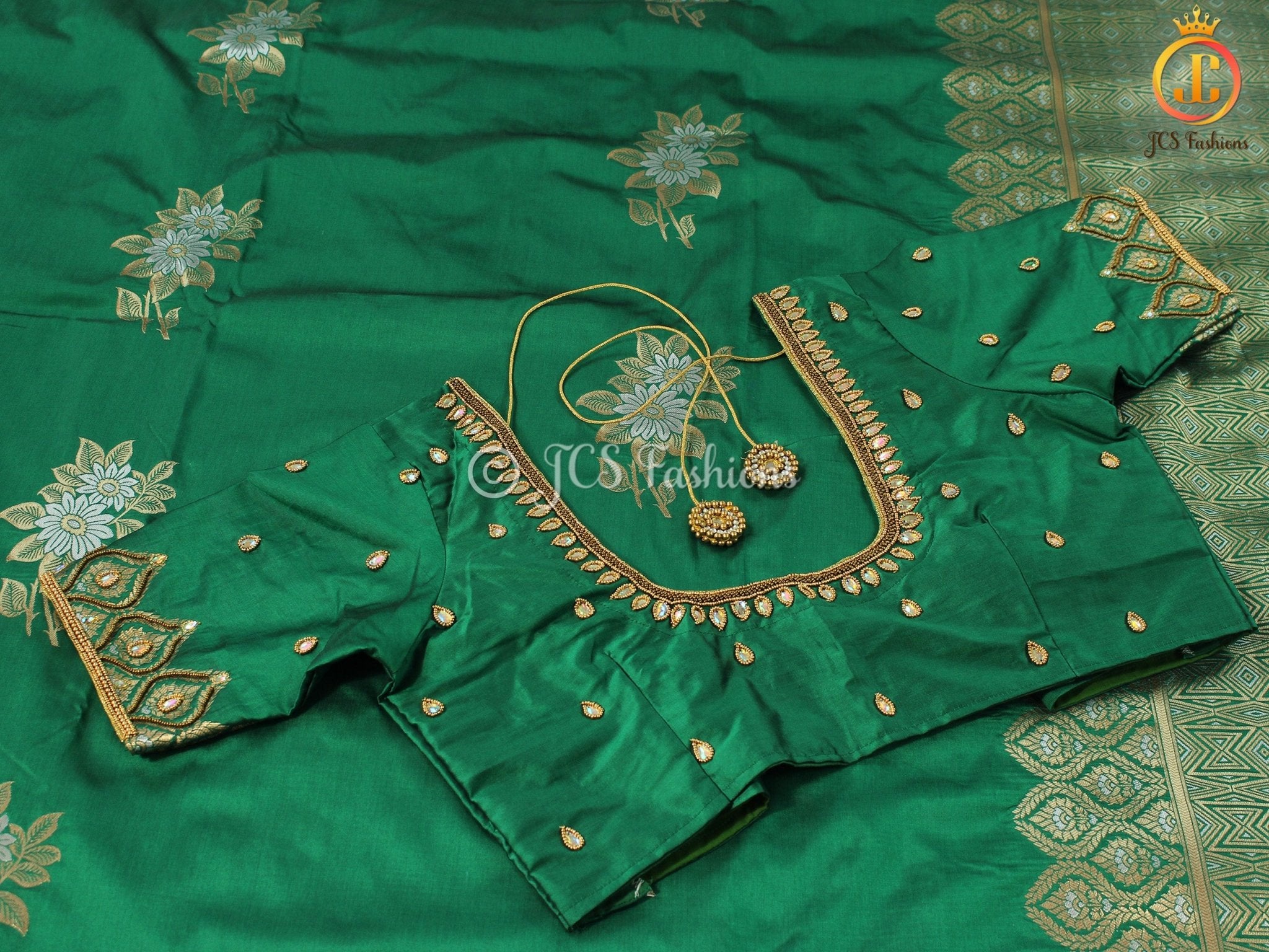 Semi Silk saree, Silver and antique Zari Motifs, Weaving Patterns with fully stitched Blouse SAREE JCS Fashions